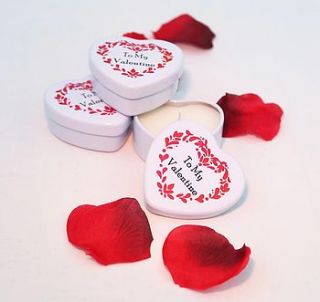 a set of three valentines tin hearts by hearth & heritage scented candles