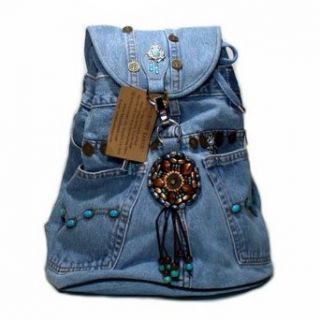 Denim Backpack With Bead Decor Crafted from Vintage Denim Clothing