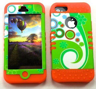 For Apple Iphone 5 Flowers Circles On Light Green Heavy Duty Case + Orange Rubber Skin Accessories Cell Phones & Accessories