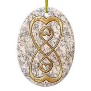 Double Infinity Gold Hearts on White Marble Christmas Ornament
