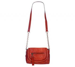 B.Makowsky Textured Leather Zip Top Crossbody Bag w/Chain Detail —