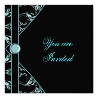 Teal Blue Black Damask Party Invitation Template