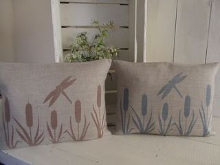 ' dragonfly and bulrush ' linen cushion by rustic country crafts