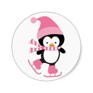 Cute Ice Skating Penguin in Pink Round Stickers