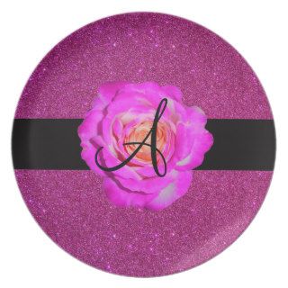 Hot pink rose monogram pink glitter party plates