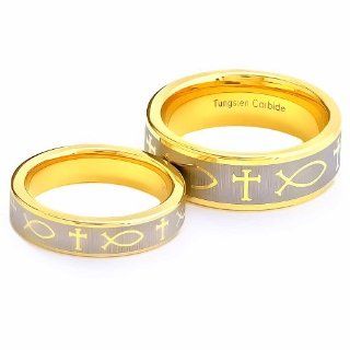 His And Hers Wedding Ring Sets Christian Cross & Fish Tungsten Carbide Two Tone IP Bride & Groom Sets Jewelry
