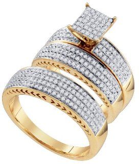 10K Yellow Gold 2 Two Tone Illusion Setting Square Shape Center with Side Stones Micro Pave White Round Diamonds Mens Womes Ladies His Hers Trio 3 Three Rings Wedding Engagement Ring Band Bridal Set ( 0.97 cttw H   I Color I2 Clarity )   Size 6 IceNGold 