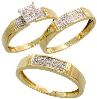 14k Gold 3 Piece Trio His & Hers Wedding Band Set, w/ 0.30 Carat Brilliant Cut Diamonds, 3/16 in. (5mm) wide, size 8 Jewelry