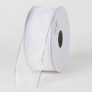 White with Silver Edge Organza Ribbon Thin Wire Edge 25 Yards 5/8 inch 25 Yards
