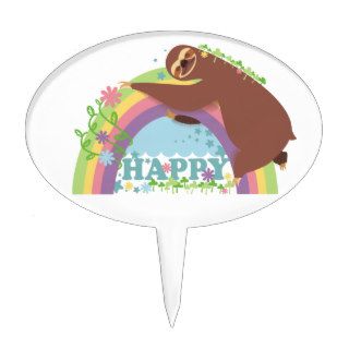 Funny happy rainbow sloth stars flowers cake pick