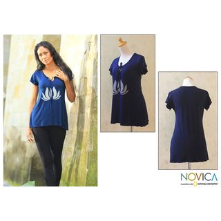 Rayon 'Royal Blue Lotus Peace' Tunic (Indonesia) Novica Women's Clothing