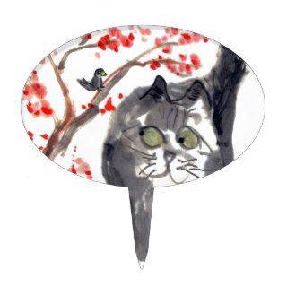 Cherry Blossom Cat and Bird Cake Toppers