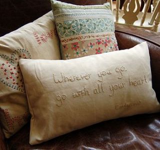 hand embroidered quote cushion by skybluesea