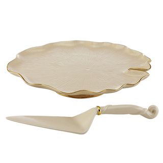 Lenox Ivory Eternal Leaf Cake Plate and Server Set Lenox Serving Platters/Trays