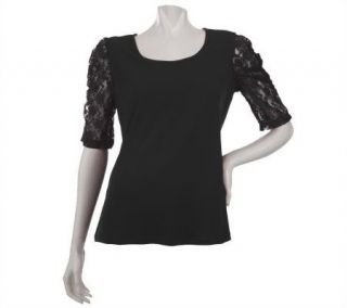 Susan Graver Liquid Knit Scoop Neck Top w/Ruched Lace Elbow Sleeves —