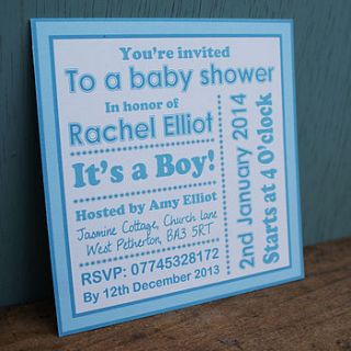 personalised blue baby shower invitations by sparks living