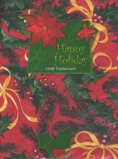 Vinyl Tablecloth with Flannel Back 52" x 70" Oblong, Happy Holiday with Ribbon, Pine Leaves, Poinsettia Leaves and Seeds  