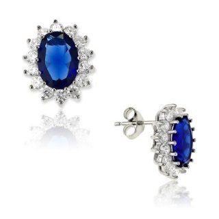 Elegant Princess Diana Replica Earrings 925 Sterling Silver with Oval Blue Sapphire CZ Design   Incl. ClassicDiamondHouse Free Gift Box & Cleaning Cloth ClassicDiamondHouse Jewelry