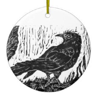 Rainy Day Crow    block print Christmas Ornaments