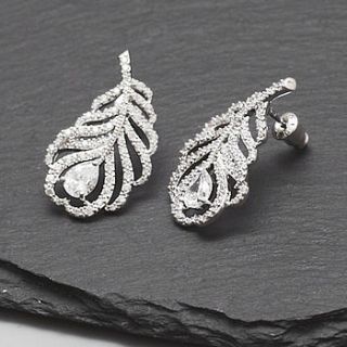 peacock feather crystal earrings by queens & bowl