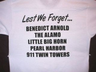 Patriotic shirt for Patriotic Americans, "Lest" means Let us never forget, Price $17.95 includes Free S&H by USPS 1st class parcel. (Med   Large   X Large, White) Clothing
