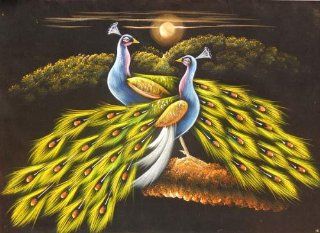 Elegant Painting on Velvet of Pair of Peacock Sitting on Tree, Indian Painting Made on Velvet Cloth   Mixed Media Paintings
