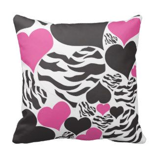 Zebra Print Black and Hot Pink Hearts Pillow