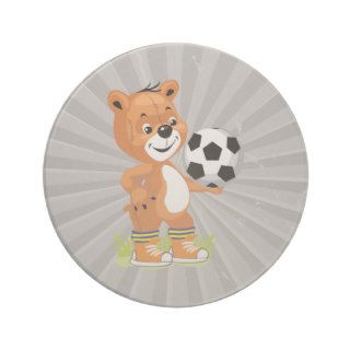 soccer player teddy bear cartoon graphic beverage coaster