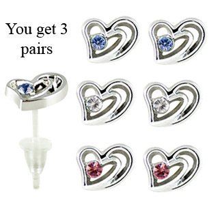 Hearts studs earrings   hypo allergic UPVC posts   white gold plated so looks like real   you get a set of 3 pairs   easy to wear, suitable for everyday wear Jewelry