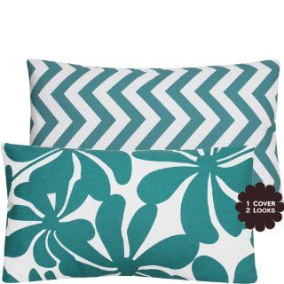 Turquoise Twirlies Collection   20x20" Square Designer Decorative Toss Cushion Cover   Modern Floral and Chevron   Turquoise Blue and Candy White Hues   Two Splendid Looks in One Pillow Cover   Throw Pillow Covers