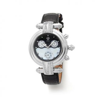 Brillier .43ct Diamond Chronograph Stainless Steel Black Leather Strap Watch