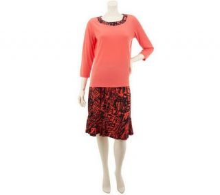 Susan Graver Liquid Knit 3/4 Sleeve Top and Printed Skirt —