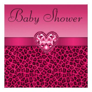 Hot Pink Leopard Print & Bling Heart Baby Shower Custom Invite