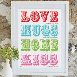 love, kiss, hugs, home personalised art print by pearl and earl