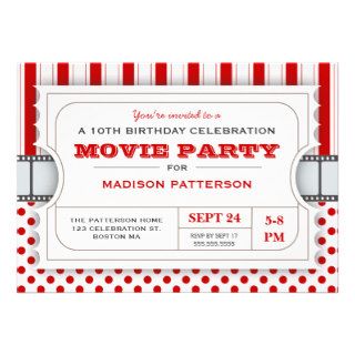 Movie Party Birthday Party Admission Ticket  Red Custom Invite