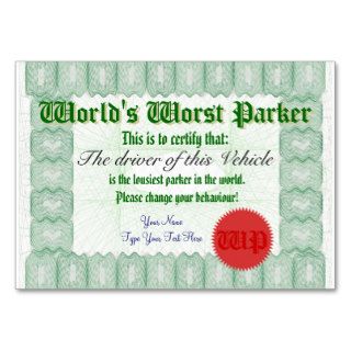 World's Worst Parker Bad Parking Award Certificate Business Card Templates