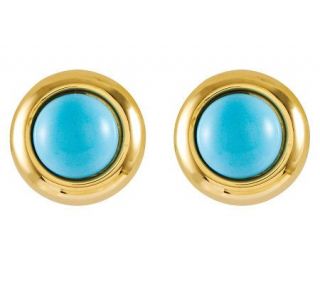 Round Turquoise Omega Back Stud Earrings, 14K Gold —