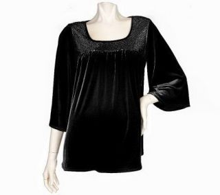 Citiknits 3/4 Sleeve Stretch Velvet Tunic with Sequin Yoke —