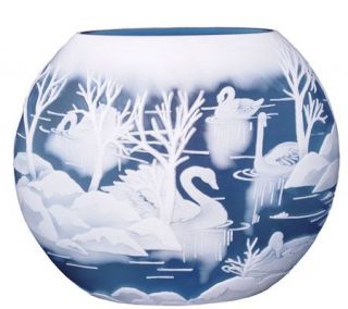 Fenton Art Glass Blue & White Falls at Swan Lake Cameo Vase —