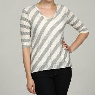 Strand Women's Grey Stripe Back Lace Top 3/4 Sleeve Shirts