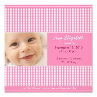 Precious Gingham (pink) Birth Announcement