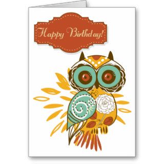 Colorful Floral Autumn Owl Happy Birthday Card