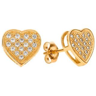 Large Cubic Zirconia Paved Heart 14k Yellow Gold Stud Earrings Jewelry