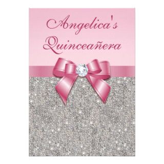 Elegant Quinceañera Faux Silver Sequins Pink Bow Personalized Announcement