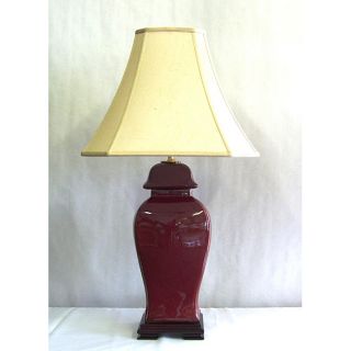 Large Oxblood With Textured Finish Covered Urn Table Lamp With Beige Square Silk Lamp Shade