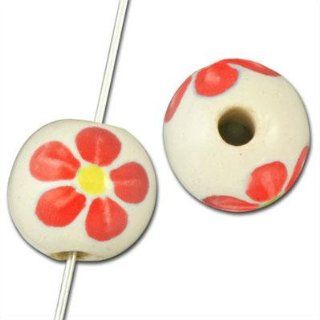10mm Red Flower White Ceramic Round Beads