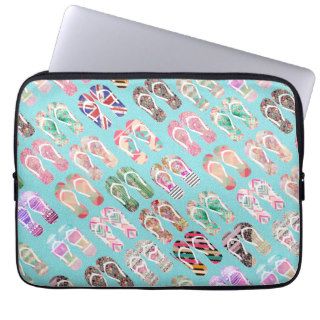 Flip Flops Girly Trendy Abstract Pattern On Teal Laptop Sleeve