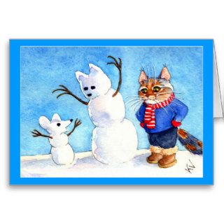 Funny holiday cat mouse snowman card