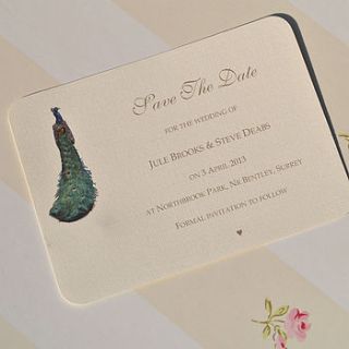 green peacock save the date cards by beautiful day