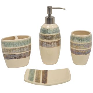 Rayan Beige pinstriped Boutique Ceramic Bath Accessory 4 piece Set